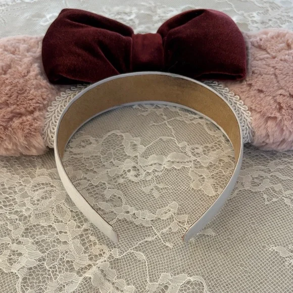 Dainty Coquette Plush Blush Pink Minnie Ears Headband with Burgundy Velvet Bow - Picture 3 of 3